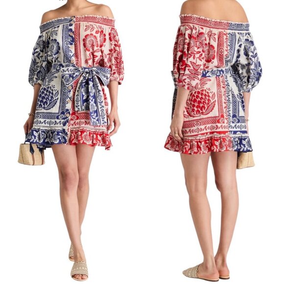 Farm Rio Mixed Pineapple Garden Off Shoulder Mini Dress S Pockets Puff Sleeves - Picture 14 of 16